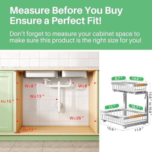 Kitstorack Under Sink Organizer, 2 Tier Under the Sink Storage, Slide out Pull out Cabinet Organizer Shelf, Metal Sliding Drawer for Kitchen Bathroom Pantry Closet Organization Rack, Silver, 2 Pack