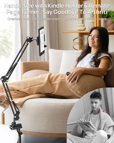 Kindle Holder with Remote Page Turner – Kindle Stand with Remote Page Turner for Bed, Hands-Free Clip Mount, Easy-Adjust Steel Arm (Not Gooseneck), No Text Blocking