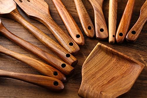 Kitchen Utensils Set, NAYAHOSE 12 Pcs Teak Wooden Cooking Spoons Spatula Spurtles Kit with Spoon Rest Whisk, Non-stick Natural Kitchen Tools