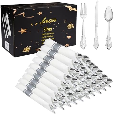 Liacere 400PCS Silver Plastic Silverware - Pre Rolled Napkins Disposable Silver Cutlery-Premium Quality Gold Plastic Utensils - Includes 100Forks,100Knives,100Spoons,100Napkins For Wedding & Party