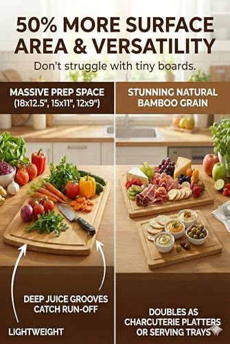 HEALTHIEST Glue-Free Surface Organic Bamboo Wood Cutting Board 3-Piece Set – Non Toxic Cutting Board Set – Lightweight, Heavy Duty Wooden Serving Boards for Charcuterie - Safer Family Meal Prep