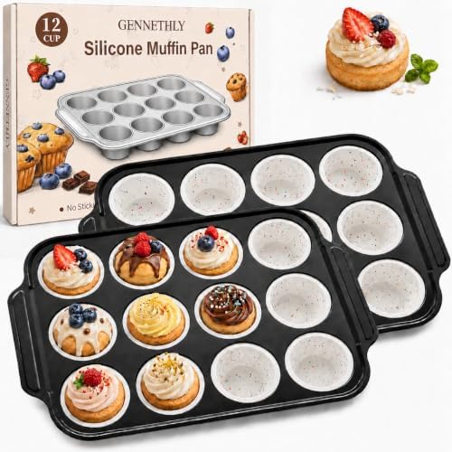2 Pack Silicone Muffin Pans for Baking, 12-Cup Muffin Tin with Metal Frame