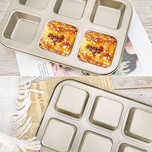 Beasea Mini Brownie Pan, 2 Pack 6 Cavity Gold Square Inidividual Brownie Muffin Cake Cutter Pan Mini Cheesecake Cupcake Bakeware Carbon Steel Brownie Baking Tray Bakeware for Oven Baking