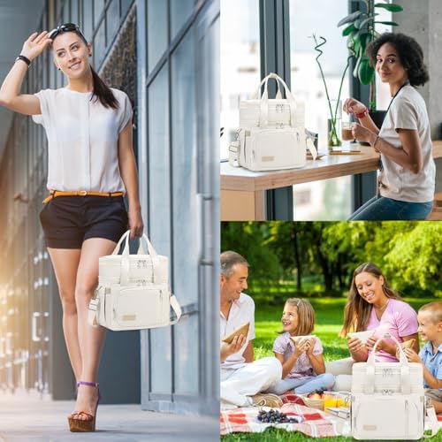 MAPLELILY Lunch Box for Men Women - Double Deck Insulated Lunch Bag, Large Leak Proof Tote Cooler, Wide Open Dual Compartment Lunch Bags with Shoulder Strap, For Work Picnic Hiking Beach, Beige