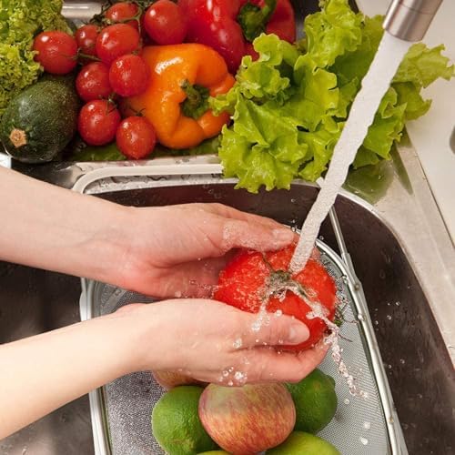 AJIODA Over The Sink Colander, 6 Quarts Stainless Steel Oval Colander with Expandable Rubber Grip Handle, Fine Mesh Strainer Baskets Kitchen Colanders for Strain, Drain, Rinse Vegetable, Fruits, Beige