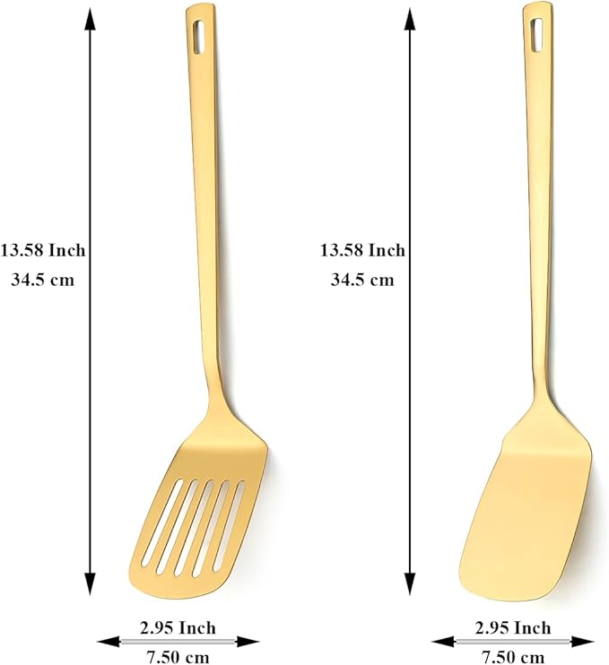 Gold Spatulas Set of 2, Kyraton Stainless Steel Spatula, Metal Spatulas, Kitchen Solid Slotted Turner, Titanium Gold Plating Cooking Utensils Set, Dishwasher Safe