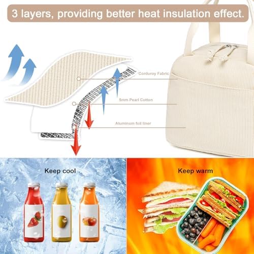 LEDAOU Lunch Box for Women Insulated Lunch Bag Corduroy Lunch Tote Bags Leakproof Cooler Lunch Case for Travel Work Picnic (Corduroy Solid Beige)