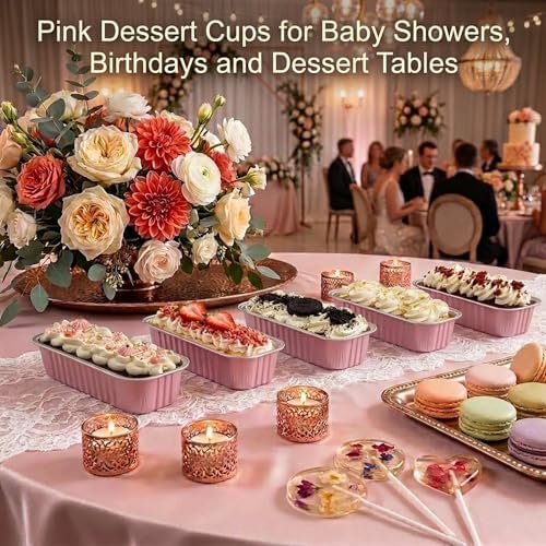 YQER 100 Pack Mini Loaf Pans with Lids and Spoons, 6.8oz Disposable Aluminum Foil Mini Cake Pans and Baking Tins with Sealing Stickers, Individual Pink Dessert Containers for Parties and Gifts