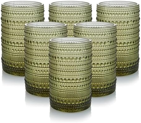 HomeVogue Hobnail Drinking Glasses Set of 6,15 oz Vintage Glassware Set Cocktail Glass Set, Embossed Green Water Tumbler,for Beer, Whiskey,Juice and Various Mixed Drinks (15oz Green)