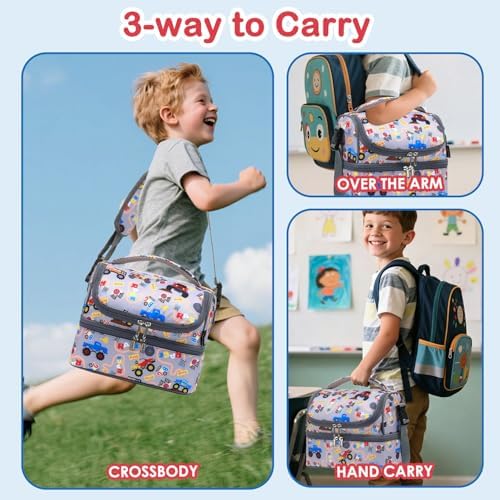FlowFly Double Decker Cooler Insulated Lunch Bag Large Tote for Boys, Girls, Men, Women, With Adjustable Strap (Truck)