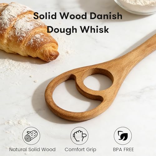 Wooden Danish Dough Whisk for Sourdough, One-Piece 2 Pack