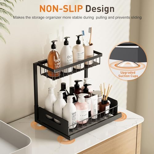 Under Kitchen Sink Organizer, Metal Pull Out Bathroom Organizers and Storage, 2-Tier Cabinet Organizer Shelf with Sliding Drawer, Home Organization for Kitchen, Laundry, Pantry, Black, 1 pack