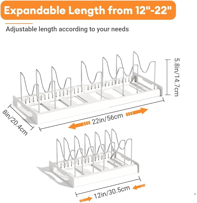 Expandable Pot and Pan Organizer Rack for Cabinet, Pot Lid Organizer Holder with 7 Stainless Steel Adjustable Dividers for Kitchen Cabinet Organizer and Storage (White)