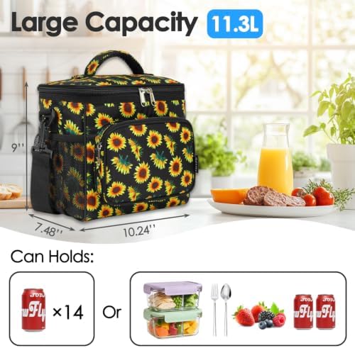 FlowFly Insulated Reusable Lunch Bag Adult Large Lunch Box for Women and Men with Adjustable Shoulder Strap,Front Zipper Pocket and Dual Large Mesh Side Pockets,Sunflower