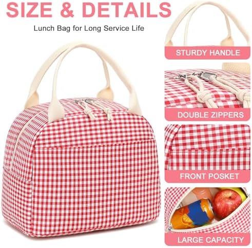 Bluboon Lunch Box for Women Cute Lunch Bag Reusable Insulated Lunch Bags Large Capacity Lunchbox Cooler for Work Picnic or Travel Gifts (Red White grid, 10 x 7.5 x 8 inches)