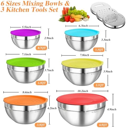 Mixing Bowls with Lids Set, 6 PCS Stainless Steel Mixing Bowls with 3 Grater Attachments, Kitchen Food Organizers Nesting Mixing Bowl, Large Size 4.5, 3.5, 2.1, 1.5, 1.1, 0.7QT-Colorful