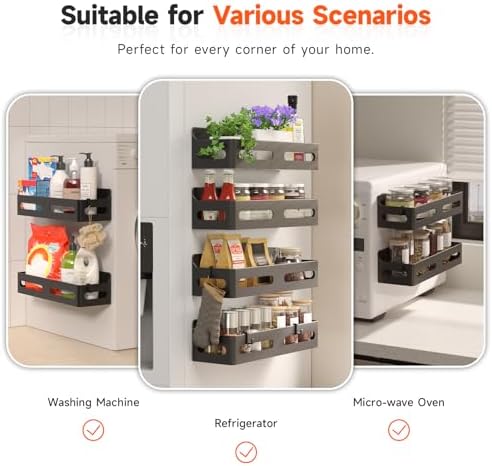 Sevenblue 6-Pack Magnetic Spice Rack for Refrigerator with Hooks, Black