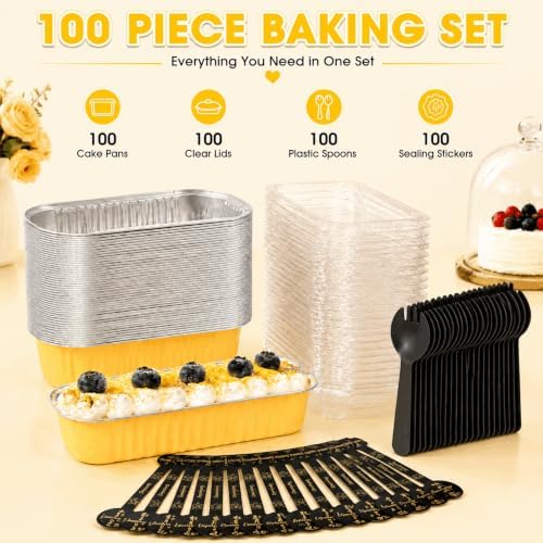 100 Pack Mini Cake Pans with Lids and Spoons, Disposable Aluminum Foil Cake Tins（6.8oz） Mini Loaf Pans with Lids for Party, Wedding, Birthday