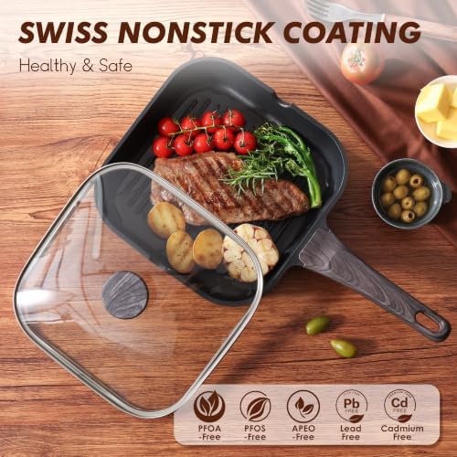 SENSARTE Nonstick Grill Pan with Lid, Grill Pan for Stove Tops, Versatile Griddle with Pour Spouts, Square Big Cooking Surface, Durable Skillet Indoor & Outdoor Grilling. PFOA Free, 11 Inch