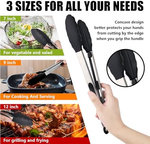 Kitchen Tongs with Silicone Tips, Stainless Steel Cooking Tongs Set of 3