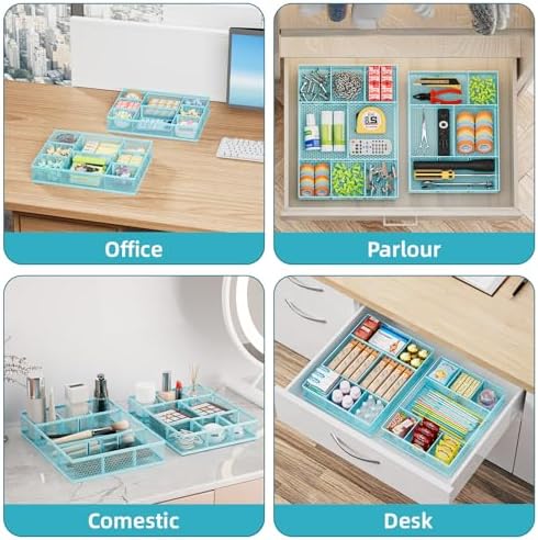 Marbrasse 2 Pack Desk Drawer Organizer, Mesh Drawer Organizer Tray with 8 Adjustable Compartments, Desk Organizers and Accessories, 5 Dividers Drawer for Office Supplies, Makeup & Vanity (Blue)