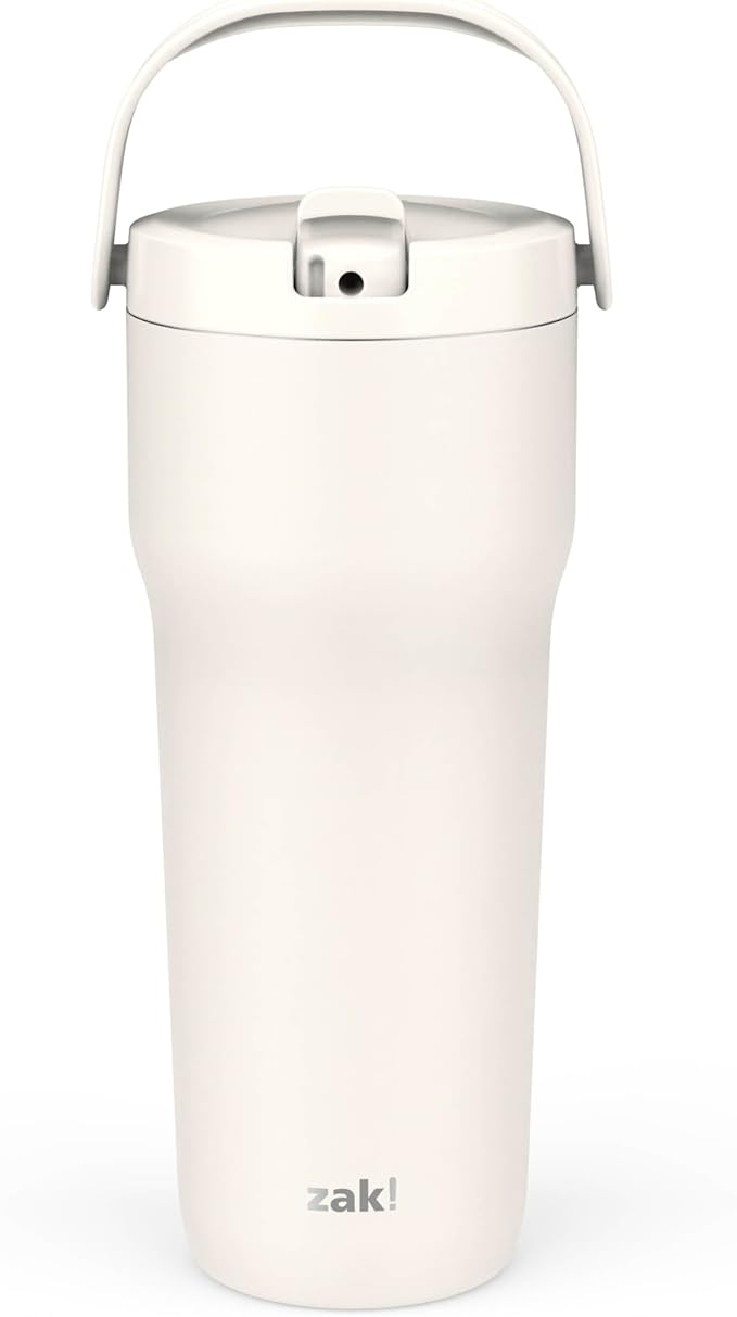 Zak Designs Sutton Travel Tumbler for On the Go, 30oz Stainless Steel with Vacuum Insulation, Straw Spout, Carry Handle for Cold Drinks (Cream White)