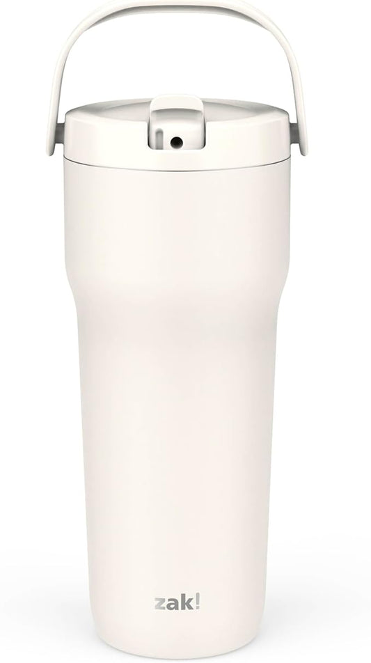 Zak Designs Sutton Travel Tumbler for On the Go, 30oz Stainless Steel with Vacuum Insulation, Straw Spout, Carry Handle for Cold Drinks (Cream White)