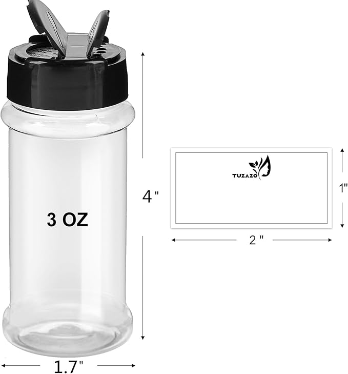 TUZAZO 14 Pcs Spice Bottles Plastic Seasoning Containers, 3 Oz Clear Plastic Spice Jars with Shaker Lids Empty for Spice & Herbs, Powders, Glitters, BPA Free | Heavy Duty | Wide Mouth | Dual Flaps