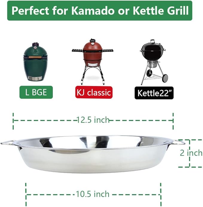 Drip Pan for Big Green Egg Large-Big Green Egg Accessories Replacement Parts Stainless Steel Roasting Pan, Also Fit Weber Kettle Charcoal Grills Kamado, 12.5 inch