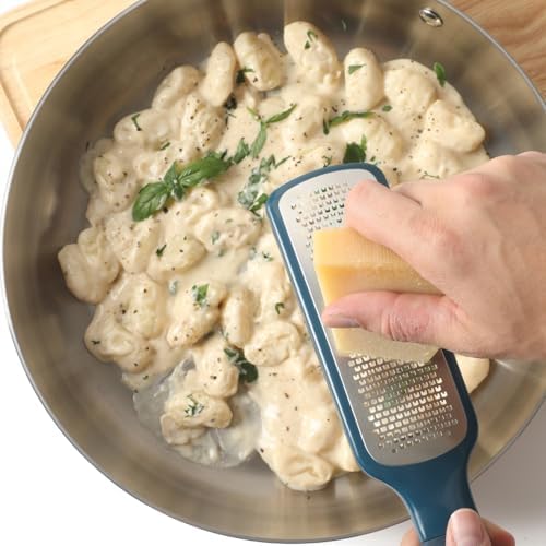 Calphalon Edge Stainless Steel Handheld Grater Lemon Zester W/Cover & Rubber Handle - Navy Blue