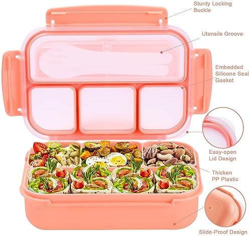 Bento Box Adult Lunch Box, Lunch Containers for Kids Girls Boys with 4 Compartments, Lunchable Food Container with Utensils, Sauce Jar, Muffin Liners, 40 Oz/5 Cup, Microwave & Dishwasher Safe, Pink