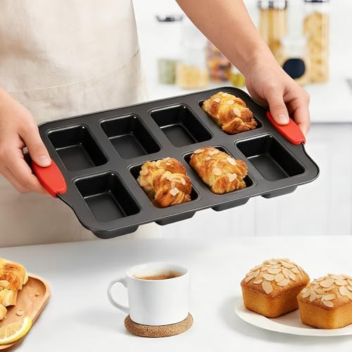 2 Pack Mini Loaf Pans, 8 Cavity Loaf Baking Pans With Silicone Handle Black