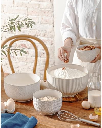 Mikiegy Ceramic Mixing Bowls Set of 4, Nesting Ceramic Embossment Stoneware Mixing Bowls for Cooking, Serving, Popcorn, Salad etc, Microwave & Dishwasher Safe, 20/44/98/145 oz, Off-White