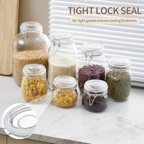 ODBCYWM 68oz Glass Food Storage Jars with Airtight Lids, Set of 3 – Clear Preserving Seal Wire Clip Fastening Canisters for Kitchen Canning, Flour, Cereal, Pasta, Sugar, Beans, Pickling Jars (68oz*3)