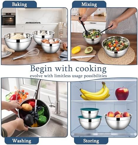 LIANYU Mixing Bowls Set with Lids, Stainless Steel Kitchen Bowls Set of 3