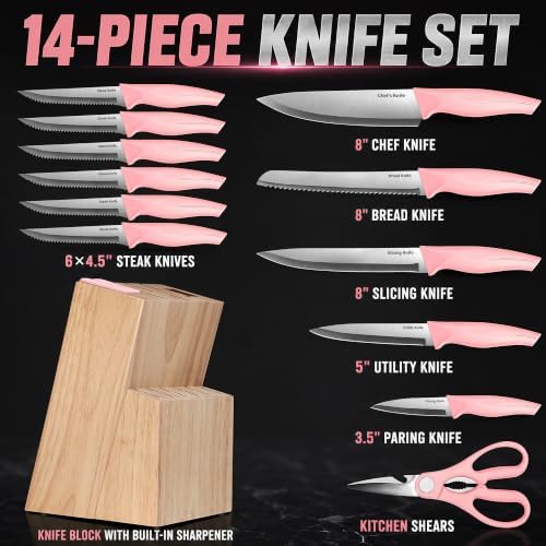 14-Piece Kitchen Knife Block Set with Built-In Sharpener