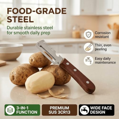 2.5mm Stainless Steel peeler with Wooden Handle - Shredding Knife or vegetables - Elite Multifunction vegetable & fruit Peeler knife - y-peeler for vegetables, Food Prep & Garnishing (1pc)