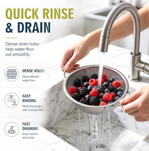 Palksky Small Colander Set of 2, 800 mL / 0.85 Qt Stainless Steel Mini Colanders with Riveted Handles, Footed Base & Micro-Perforations, Berry Wash Bowl for Berries, Fruits, Vegetables & Pasta