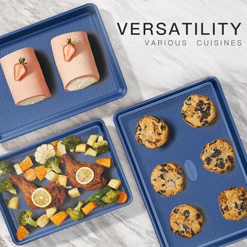 HONGBAKE Baking Sheet Pan Set, Cookie Sheets for Oven, Nonstick Half/Quarter/Jelly Roll Pans with Diamond Texture Pattern, Heavy Duty Cookie Tray, Dark Blue