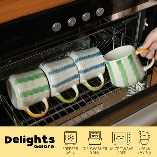 Striped Ceramic Coffee Mug Set of 4 (16oz) - Handmade Look Tea Cups with Yellow/Green Handles, Microwave Safe, Durable Daily Drinkware