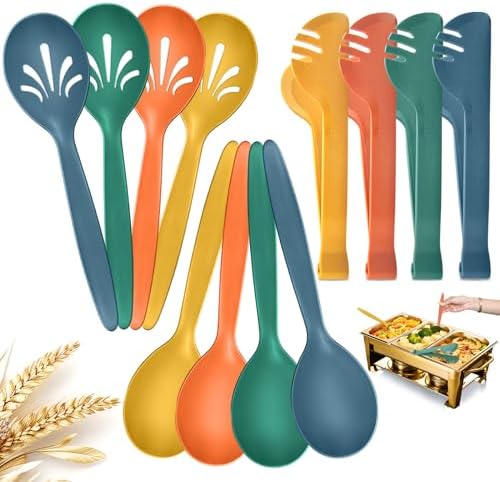 Reusable Plastic Serving Utensils Set of 12, 10" Wheat straw Large Serving set Serving Spoons/Slotted Spoons/Tongs, for Party Buffet Catering (Orange/Blue/Yellow/Green, Not for Cooking)
