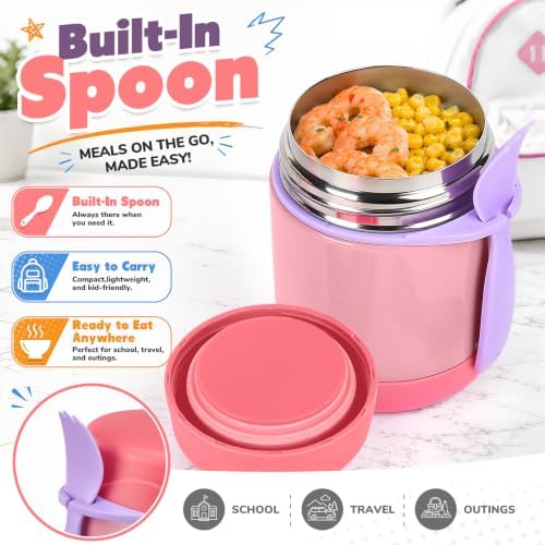 10oz Soup Thermo for Hot Food Kids,Lunch Thermo Kids Food Jar with Spoon Hot Insulated Food Containers,Leak Proof Stainless Steel Wide Mouth Lunch Thermo Jar for School(Pink)