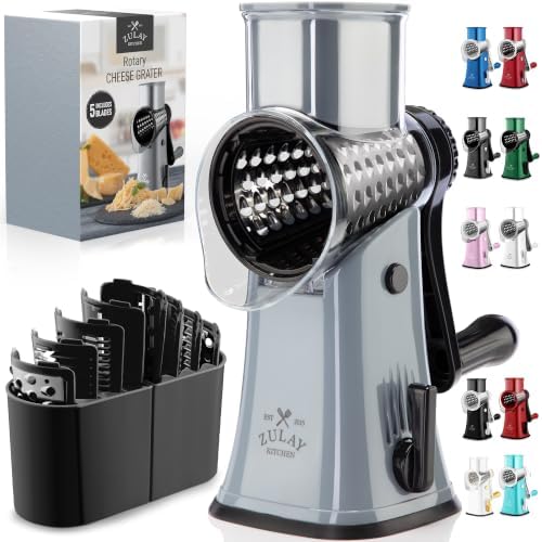 Rotary Cheese Grater Manual Hand Crank 5 Blade Shredder, Gray & Black