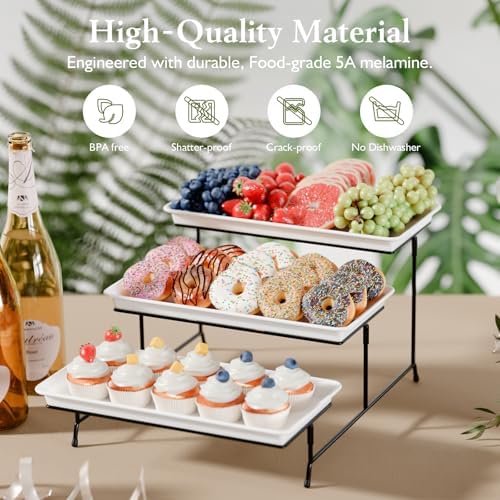 Bumusty 3-Tier Melamine Serving Tray Set, 14 x 7 in, Black Stand
