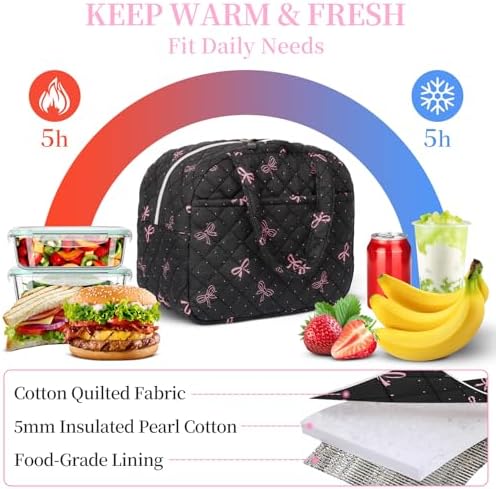 WOBAGMEN Quilted Lunch Box for Women,Coquette Aesthetic Lunch Box for Teen Girls,Cute Floral Lunch Bags for Work, School,Office,Picnic,Travel (black bow polka dots)