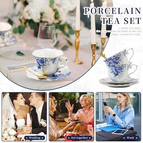 TATSUMI Country Roses Bone China Tea Cup and Saucer Set, 6 Pieces, Vintage Style, For Women and Tea Parties(Rose Blue,2 Sets)