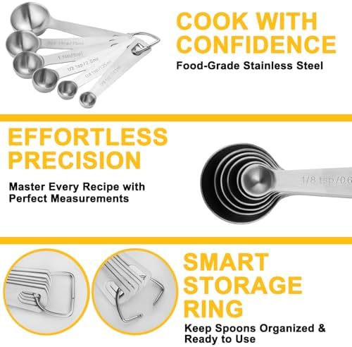Stainless Steel Measuring Spoons Set, 6 Piece Metal Measuring Spoon Set for Dry & Liquid Ingredients, Heavy Duty 18/8 Steel with Engraved US & Metric Marks, Nesting Kitchen Spoons for Cooking Baking