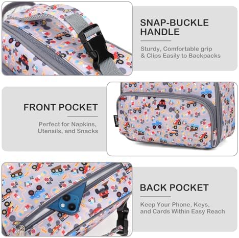 FlowFly Kids Lunch box with buckle Insulated Cooler Back to School Thermal Meal Tote Kit for Girls, Boys, Truck