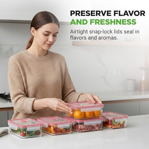 Nutrichef 10-Piece Glass Food Containers - Stackable Superior Glass Meal-prep Storage Containers, Newly Innovated Leakproof Locking Lids w/Air Hole, Freezer-to-Oven-Safe (Red)