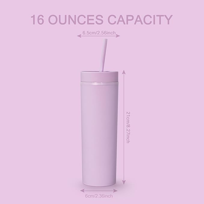 sweet grain Skinny Tumblers with Lids and Straws(6 Pack) - 16oz Matte Pastel Colored Skinny Acrylic Tumblers, Double Wall Plastic Tall Skinny Tumblers Bulk for Cold Hot Drinks - Purple